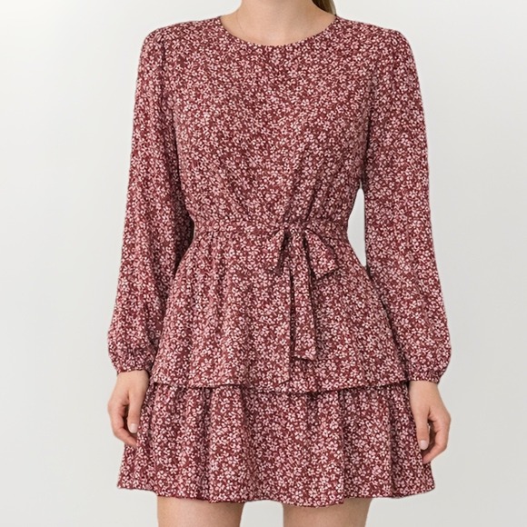 Revamped Burgundy Floral Tiered Long Sleeve Mini Dress Womens L Lined Coquette - Picture 2 of 14